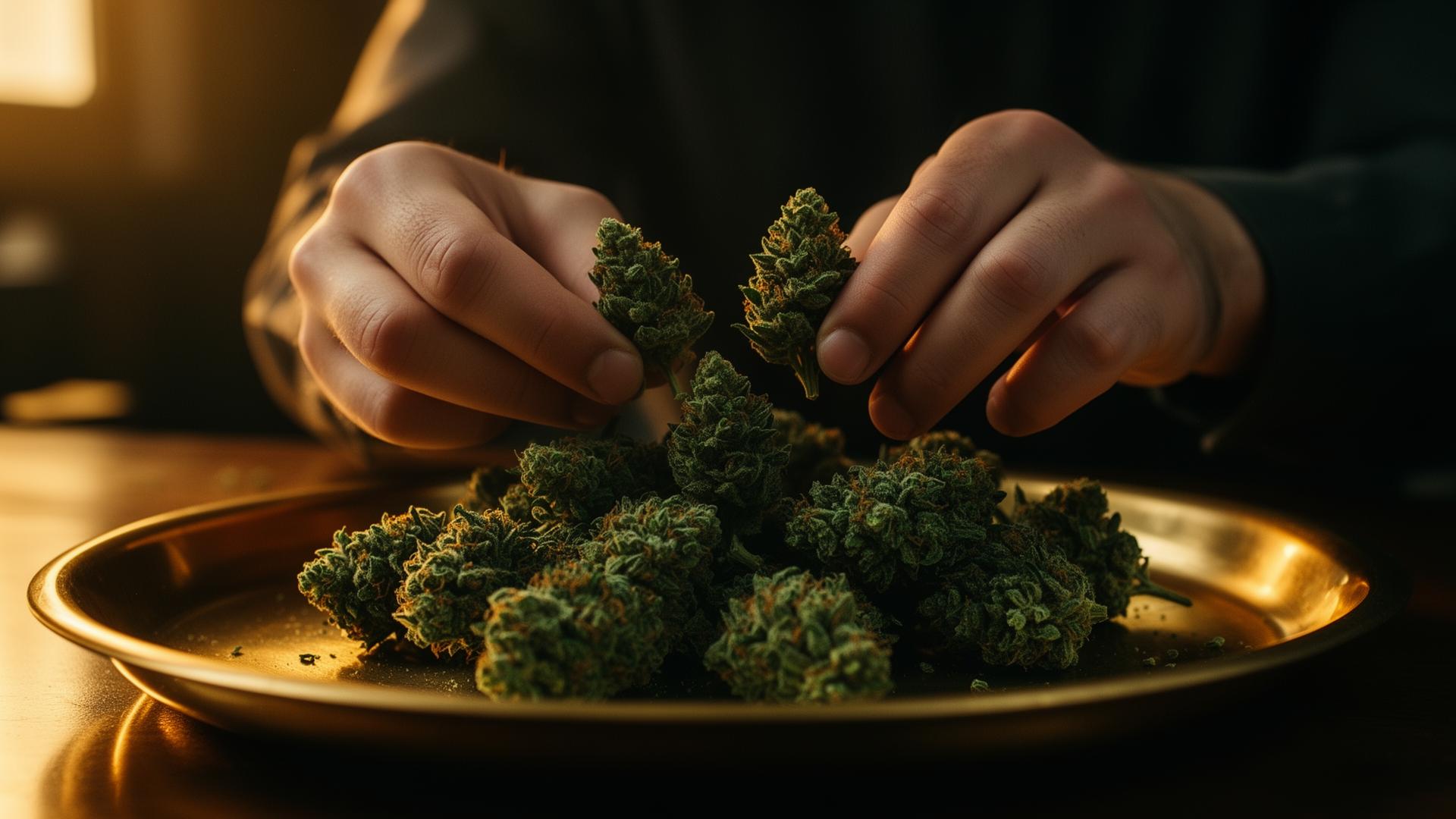 A curator inspecting premium cannabis flower on a brass tray