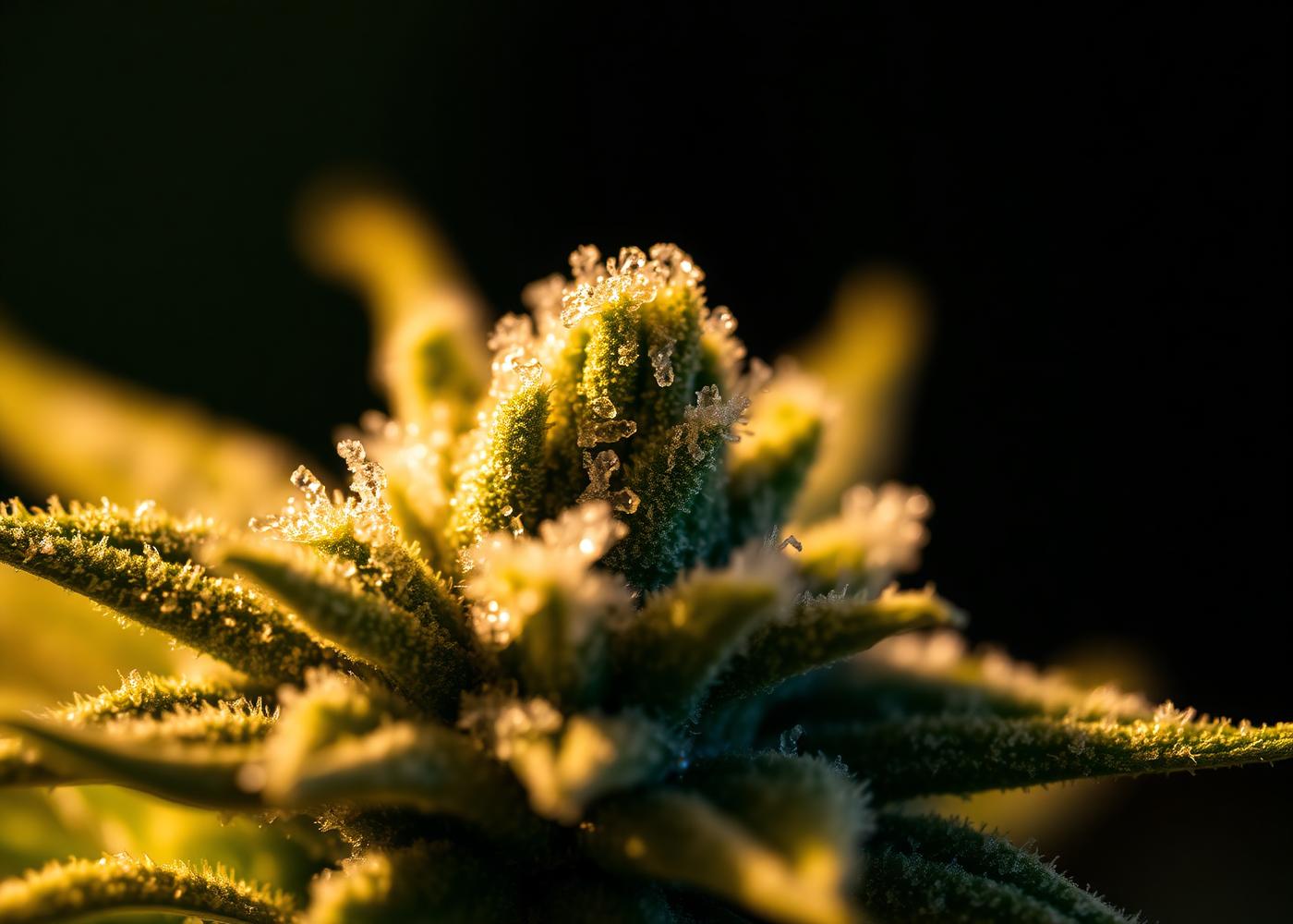 Macro view of cannabis trichomes catching warm light
