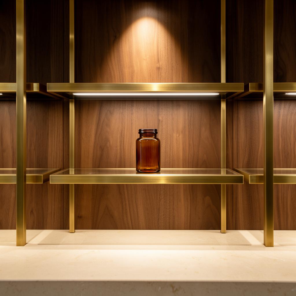 Brushed brass shelving with a single amber apothecary jar