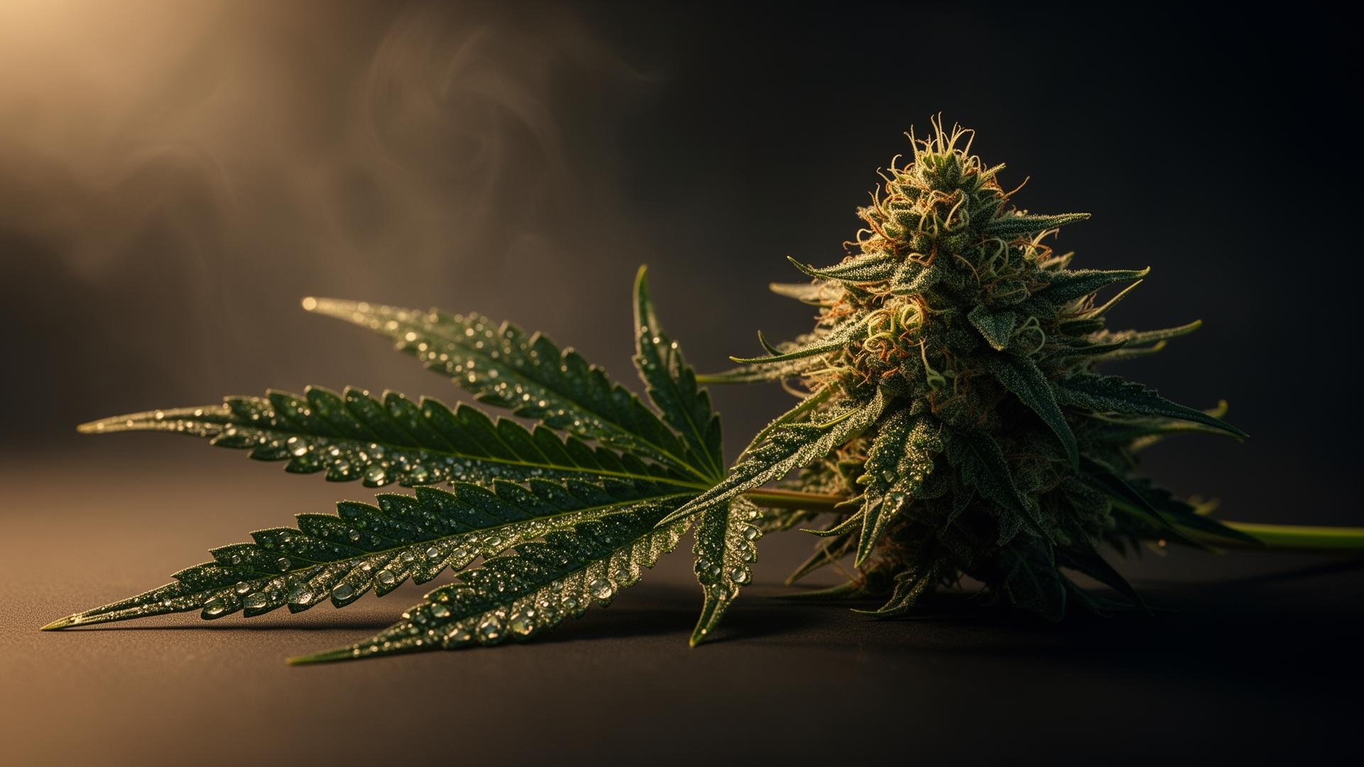 A single dew-kissed cannabis leaf and resinous flower
